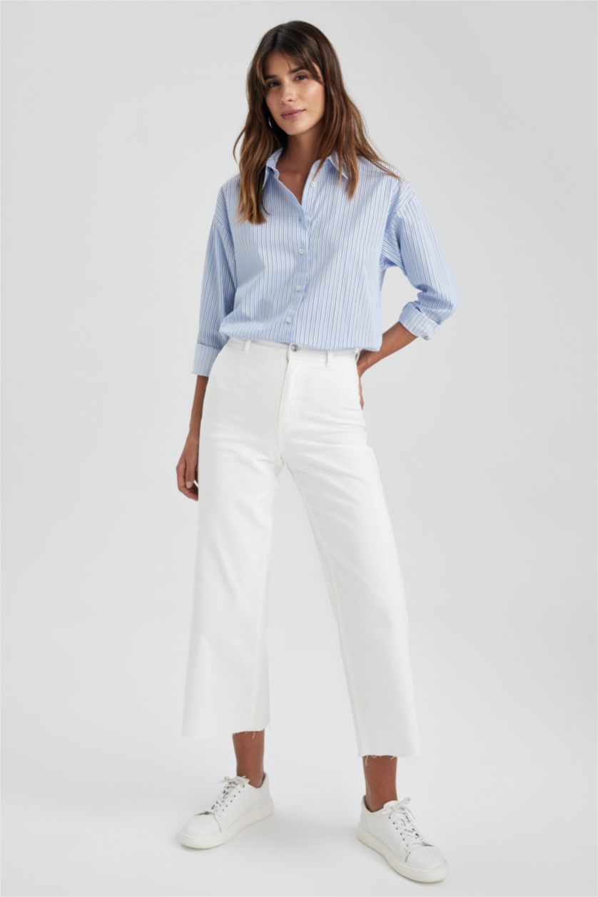 Kadın Beyaz Culotte Yüksek Bel Kesik Kısa Uçlu Paça Beyaz Jean Pantolon