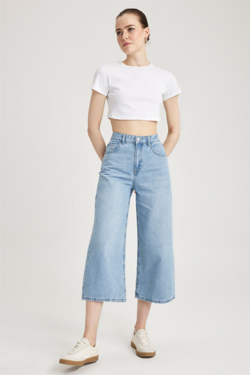 حريمي أزرق فاتح بنطلون جينز قطن كولوت فيت