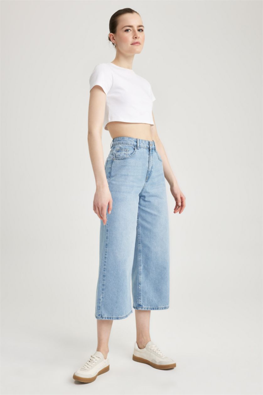 حريمي أزرق فاتح بنطلون جينز قطن كولوت فيت