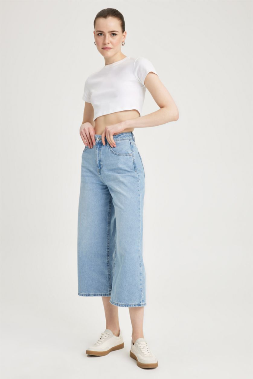 حريمي أزرق فاتح بنطلون جينز قطن كولوت فيت