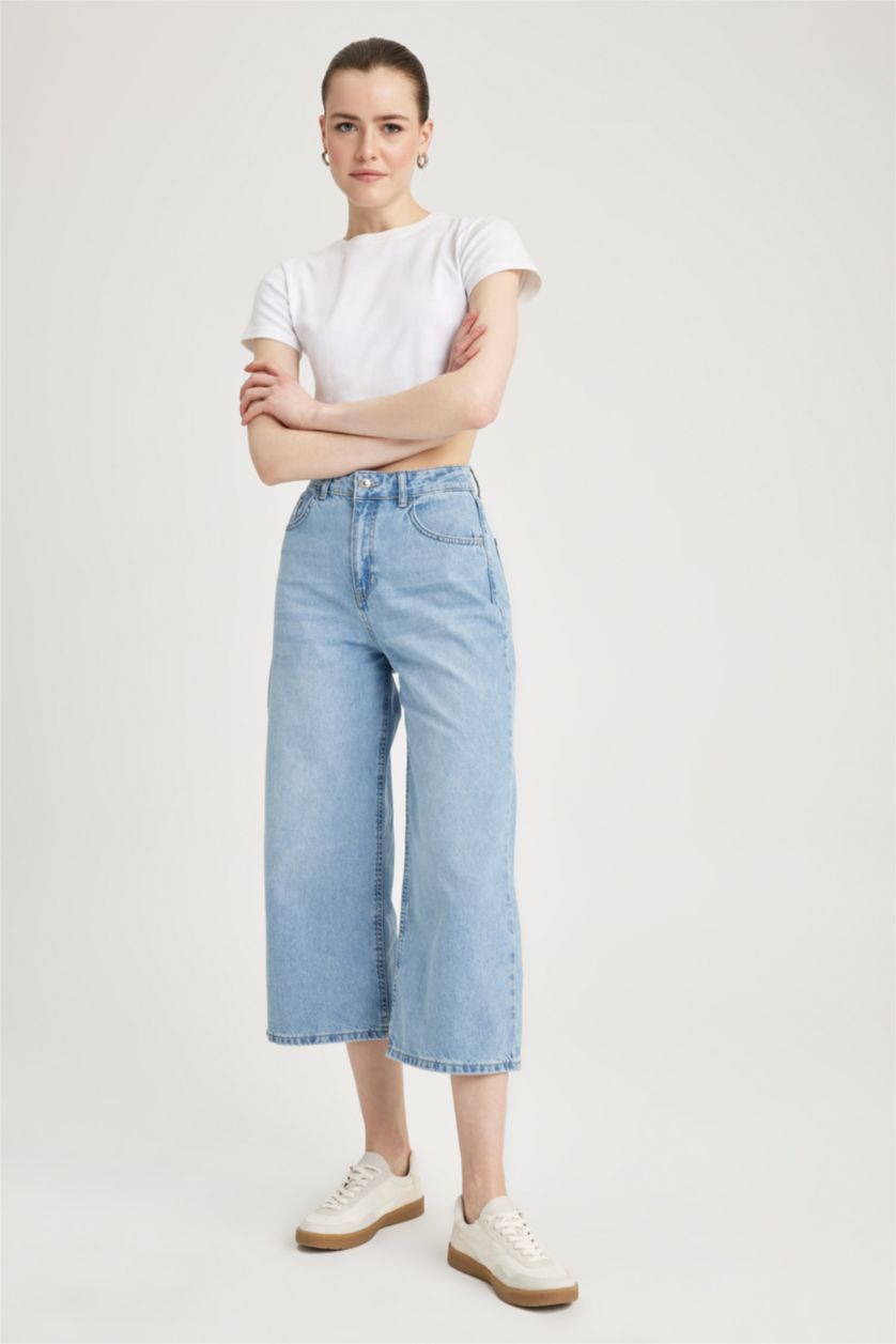 حريمي أزرق فاتح بنطلون جينز قطن كولوت فيت