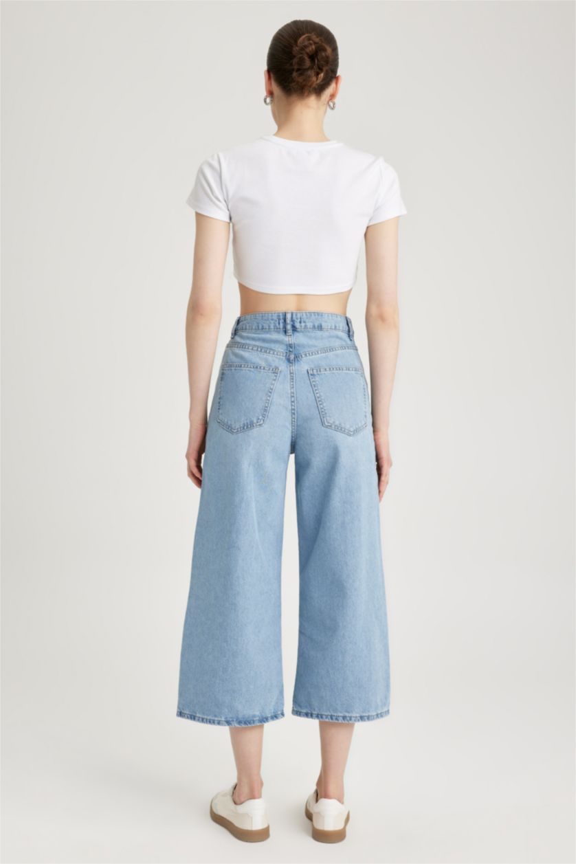 حريمي أزرق فاتح بنطلون جينز قطن كولوت فيت