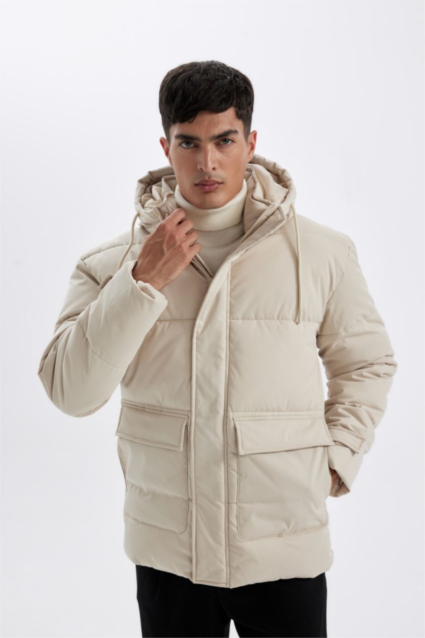 MAN White Slim Fit Hooded Zippered Double Pocket Puffer Jacket