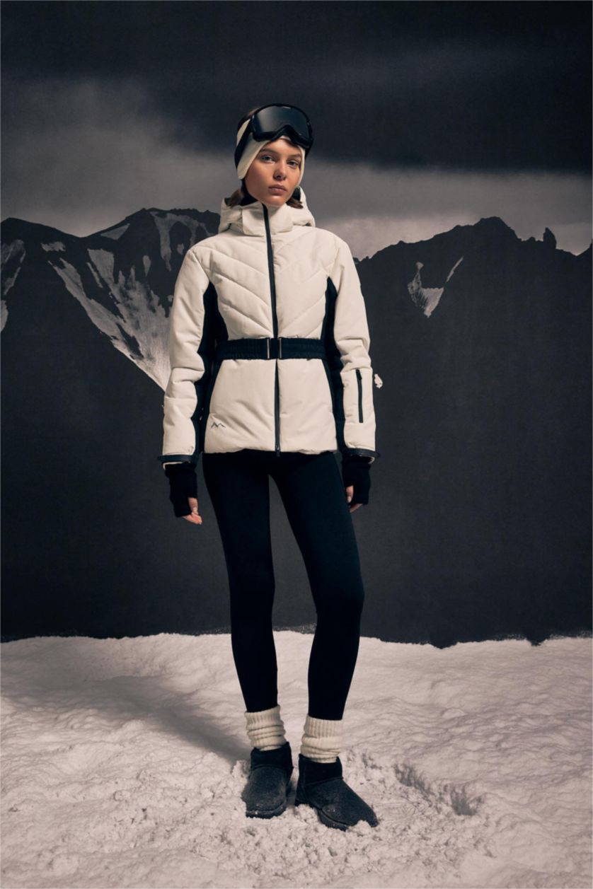 Woman White DeFactoFit Water Repellent Slim Fit Hooded Fleece Lined Ski Jacket