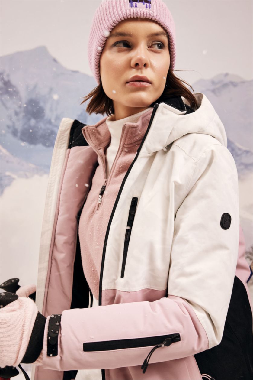 Kadın Pembe Kayak Montu Su İtici Renk Bloklu Çıkarılabilir Kapüşonlu Reflektörlü Polar Astarlı
