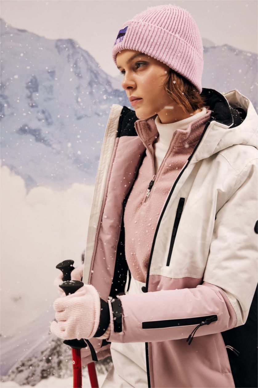 Kadın Pembe Kayak Montu Su İtici Renk Bloklu Çıkarılabilir Kapüşonlu Reflektörlü Polar Astarlı