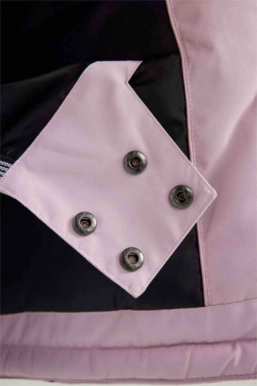 Kadın Pembe Kayak Montu Su İtici Renk Bloklu Çıkarılabilir Kapüşonlu Reflektörlü Polar Astarlı