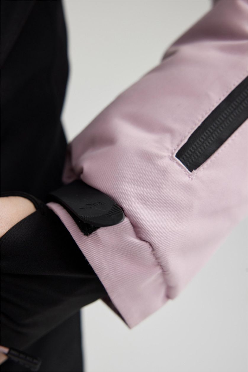 Kadın Pembe Kayak Montu Su İtici Renk Bloklu Çıkarılabilir Kapüşonlu Reflektörlü Polar Astarlı