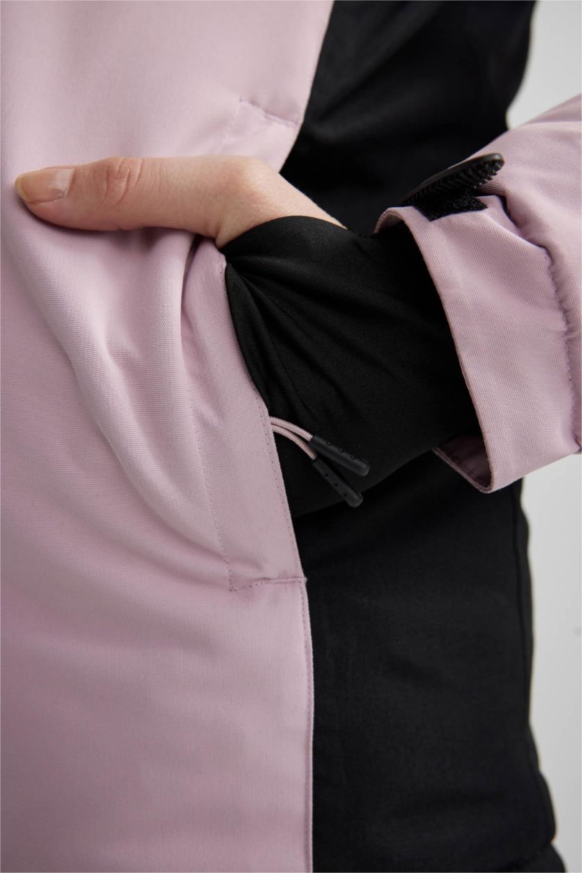 Kadın Pembe Kayak Montu Su İtici Renk Bloklu Çıkarılabilir Kapüşonlu Reflektörlü Polar Astarlı