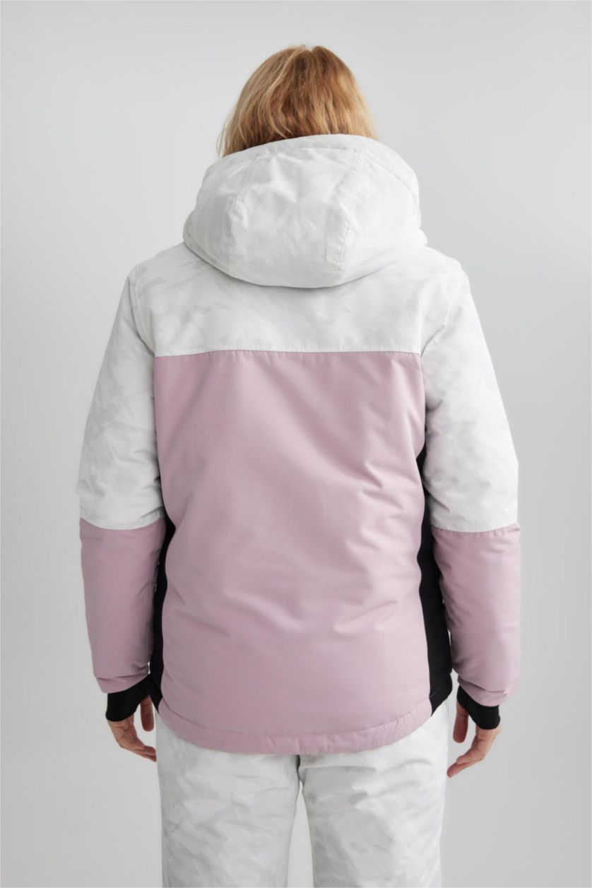 Kadın Pembe Kayak Montu Su İtici Renk Bloklu Çıkarılabilir Kapüşonlu Reflektörlü Polar Astarlı