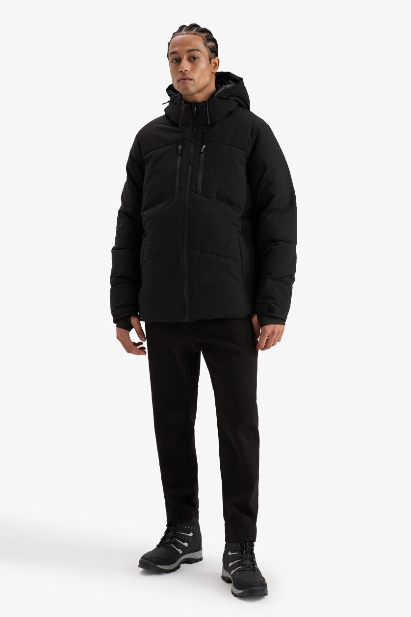 MAN Black DeFactoFit Slim Fit Waterproof Pockets Hooded Puffer Jacket