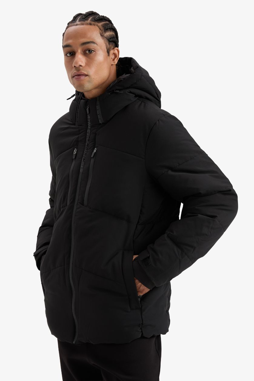 MAN Black DeFactoFit Slim Fit Waterproof Pockets Hooded Puffer Jacket