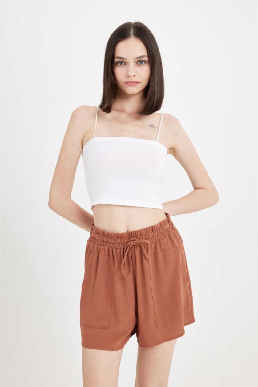 FEMME Marron Clair Short en viscose froissée taille normale à coupe régulière