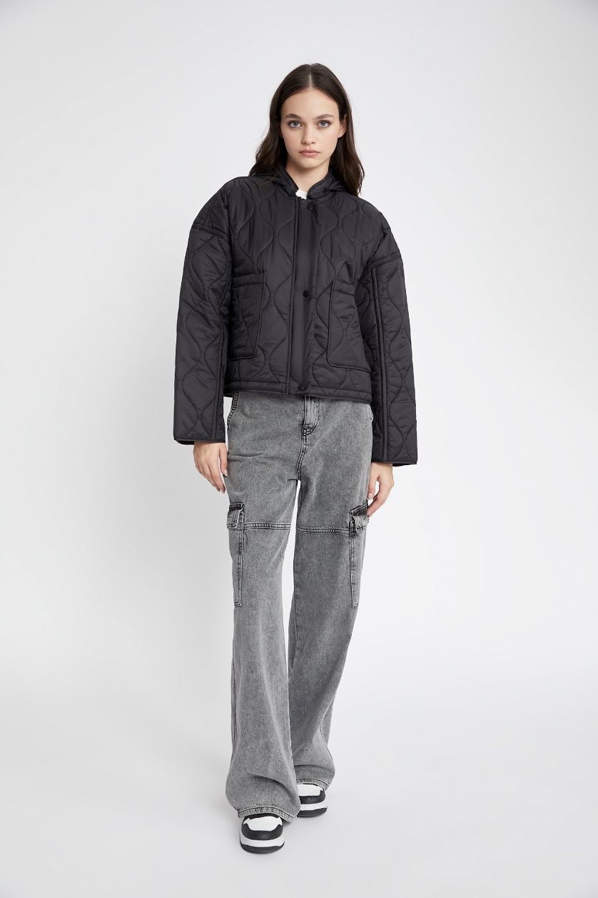 Женская Черный Куртка водоотталкивающая свободного кроя с капюшоном