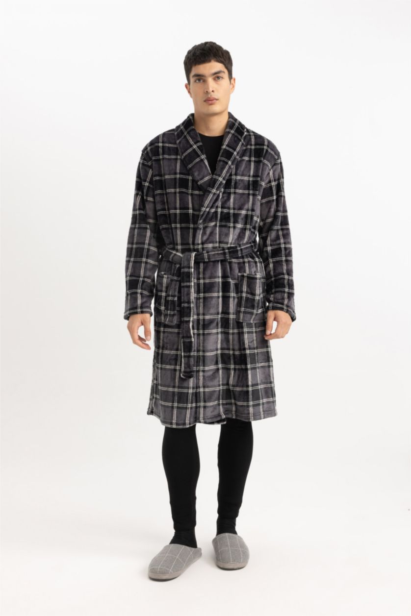 رجال أسود روب نوم قصة عادية بياقة شال بجيب