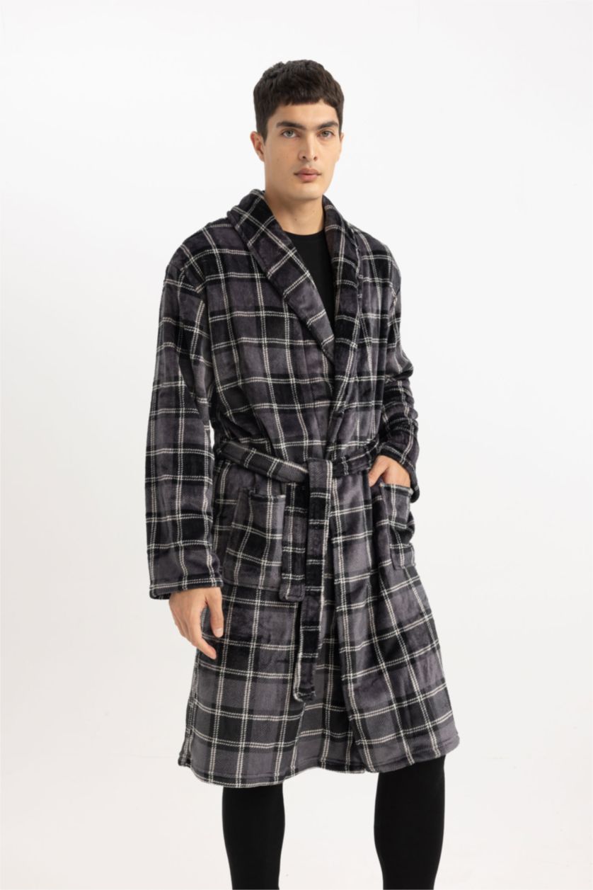 رجال أسود روب نوم قصة عادية بياقة شال بجيب