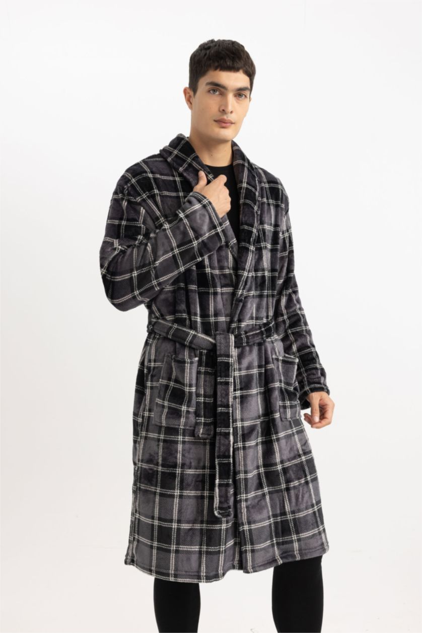 رجال أسود روب نوم قصة عادية بياقة شال بجيب