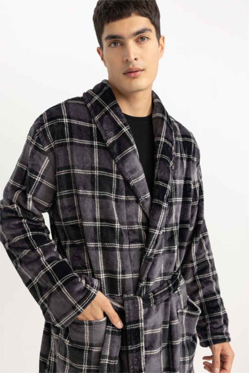 رجال أسود روب نوم قصة عادية بياقة شال بجيب