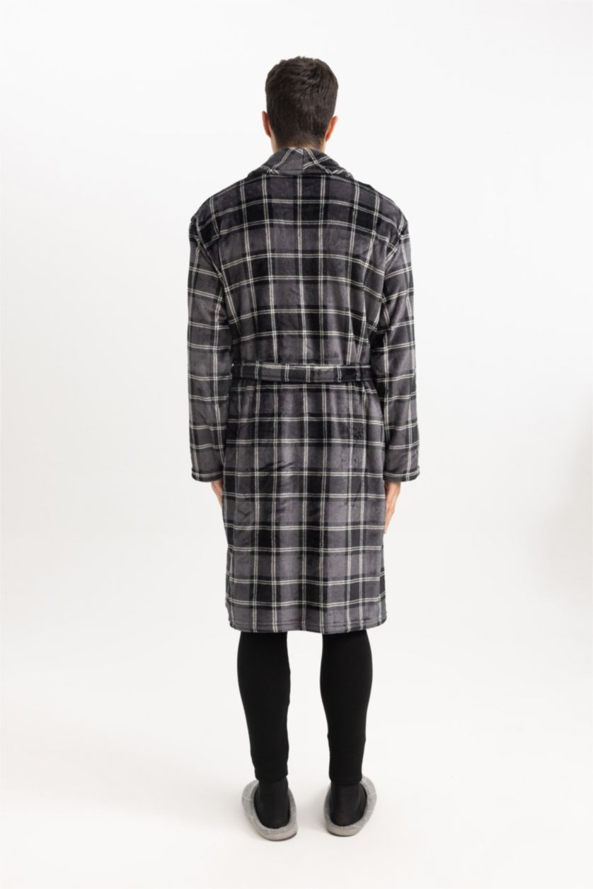 رجال أسود روب نوم قصة عادية بياقة شال بجيب