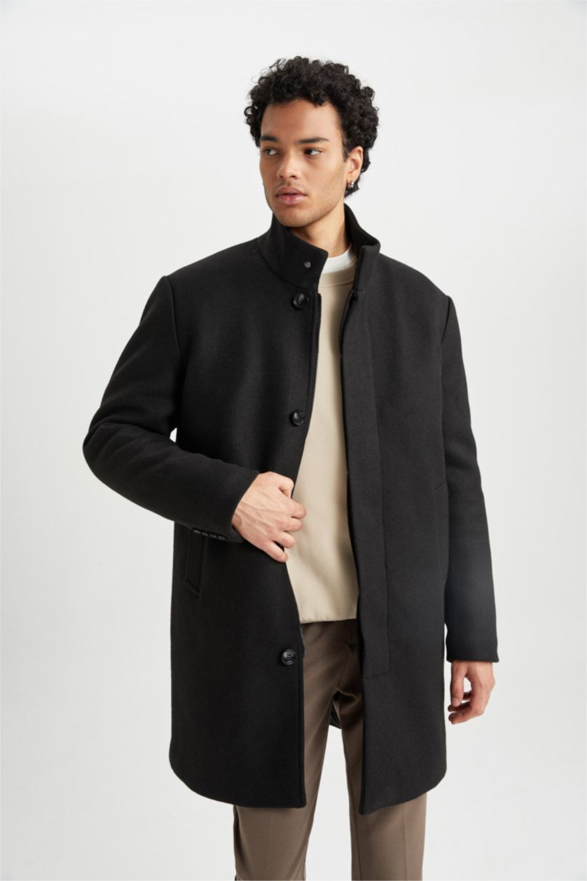 Erkek Siyah Erkek Siyah Regular Fit Dik Yaka Düğmeli Cepli Kaşe Kaban Parka