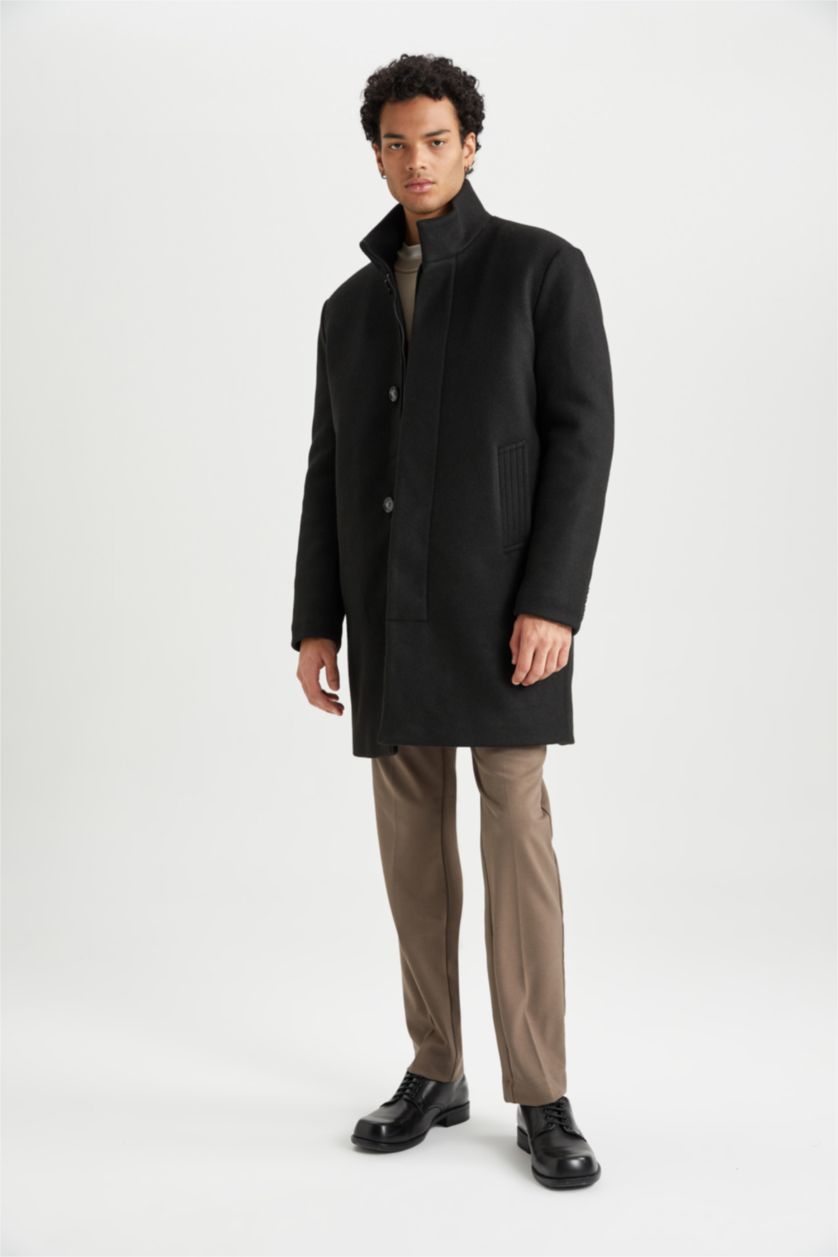 Erkek Siyah Erkek Siyah Regular Fit Dik Yaka Düğmeli Cepli Kaşe Kaban Parka