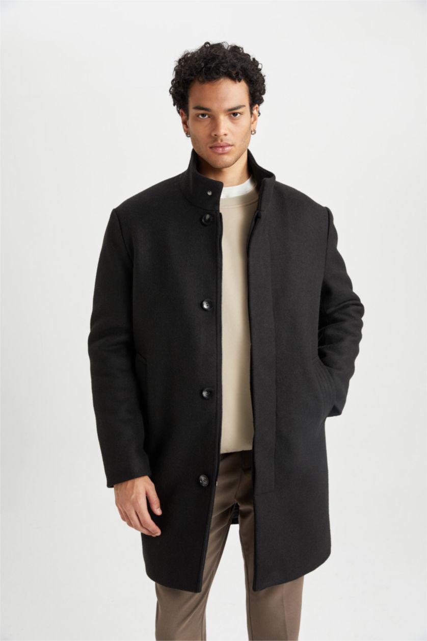 Erkek Siyah Erkek Siyah Regular Fit Dik Yaka Düğmeli Cepli Kaşe Kaban Parka