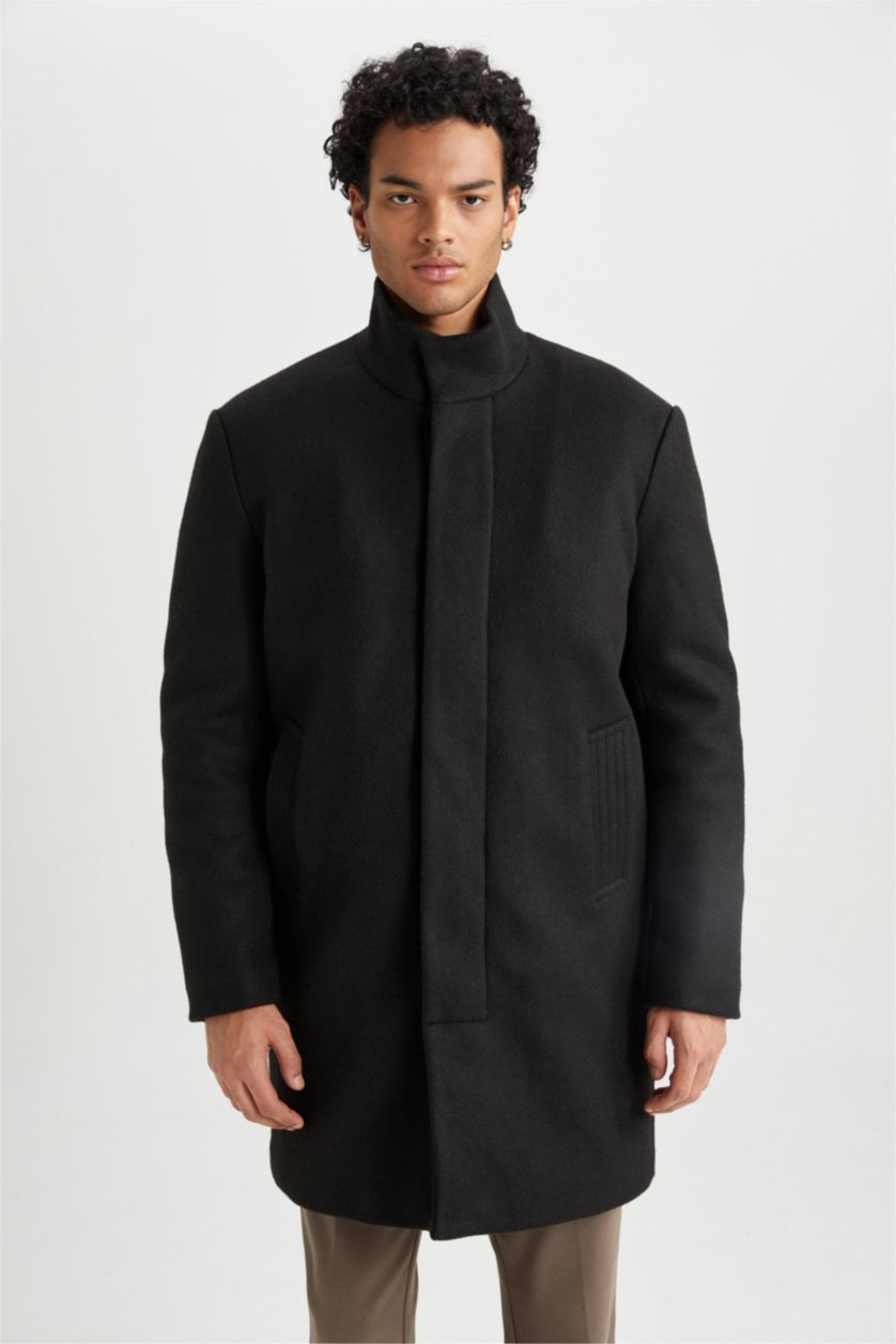 Erkek Siyah Erkek Siyah Regular Fit Dik Yaka Düğmeli Cepli Kaşe Kaban Parka