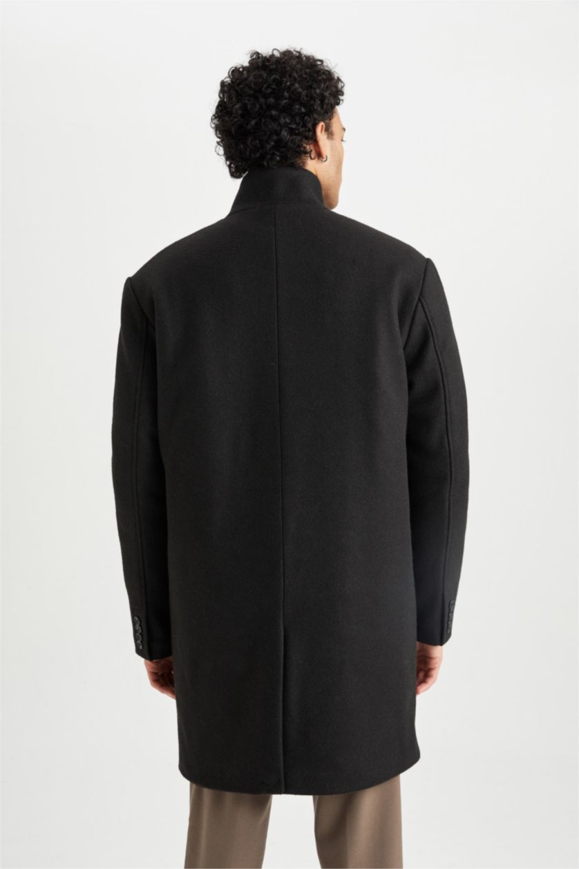 Erkek Siyah Erkek Siyah Regular Fit Dik Yaka Düğmeli Cepli Kaşe Kaban Parka