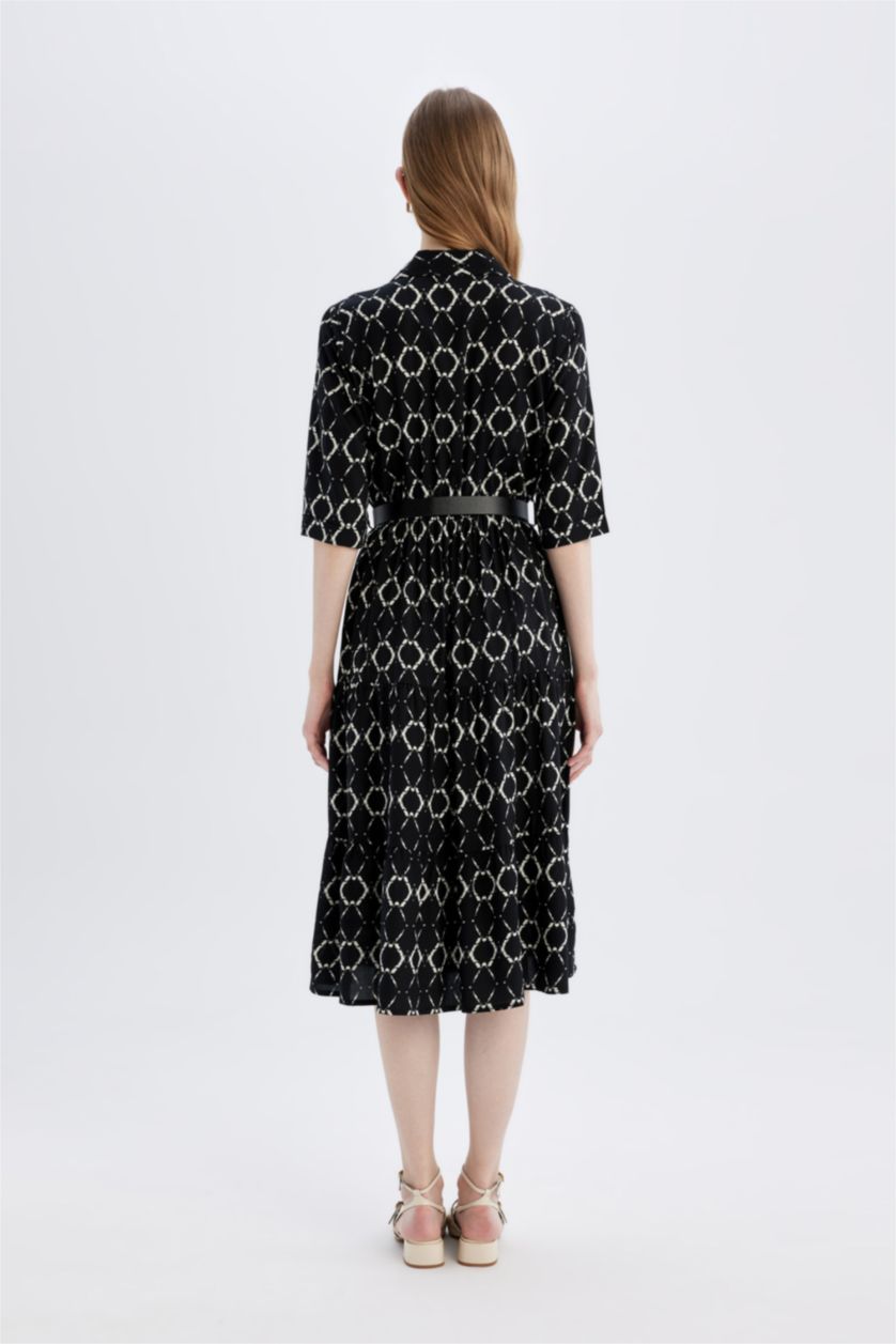 حريمي أسود فستان بكم ميدي فلورال بياقة قميص