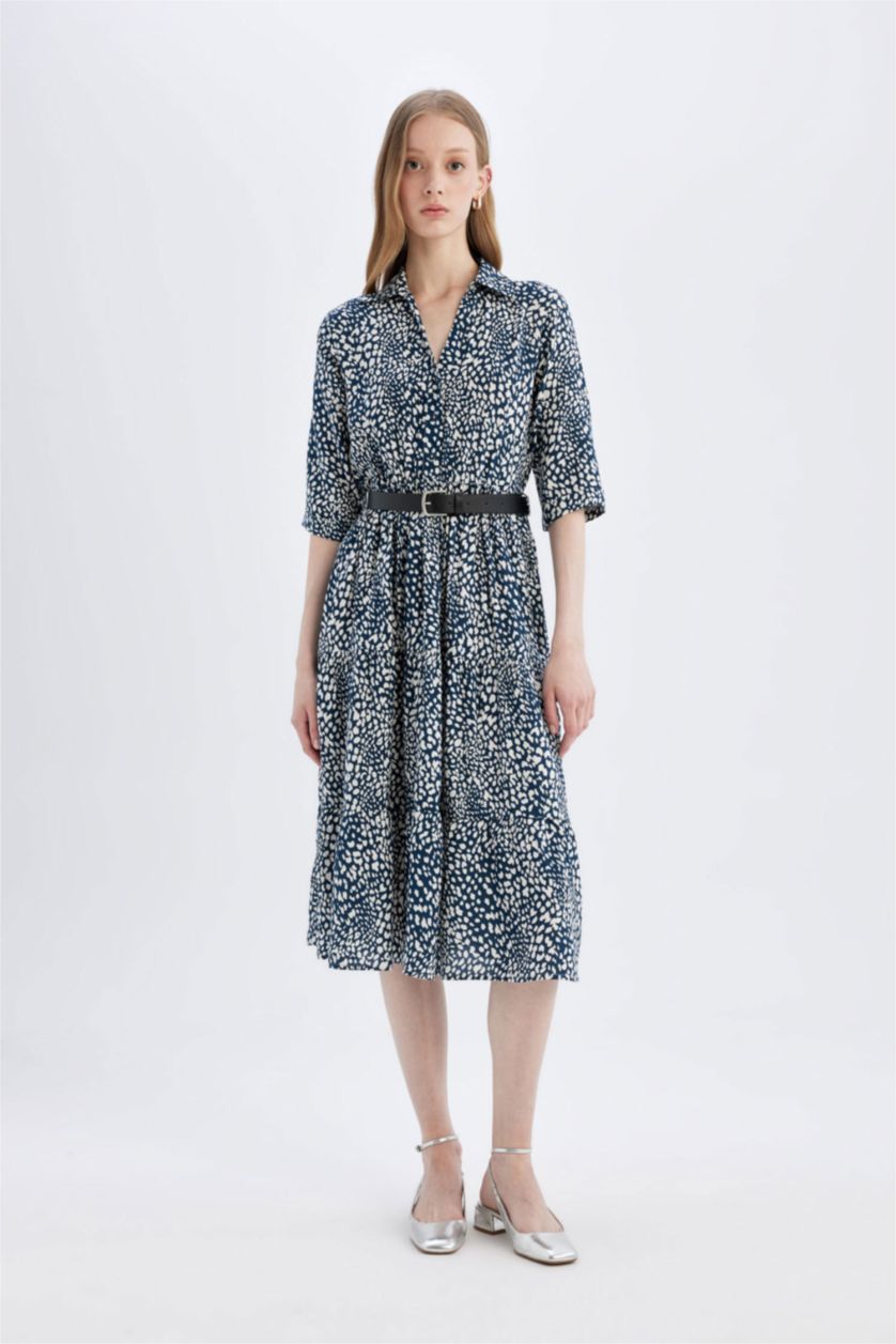 WOMAN Indigo Shirt Collar Floral Half Sleeve Midi Dress