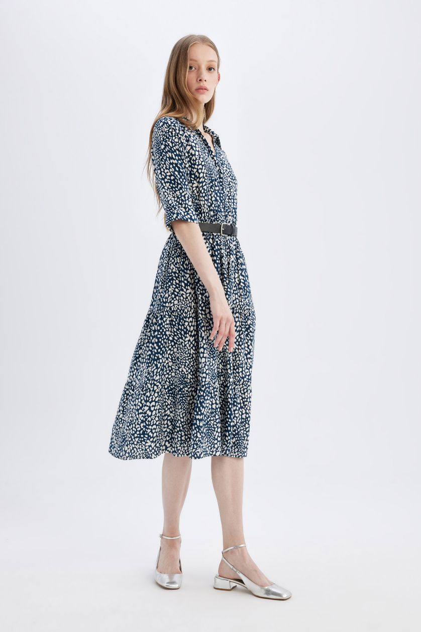 WOMAN Indigo Shirt Collar Floral Half Sleeve Midi Dress