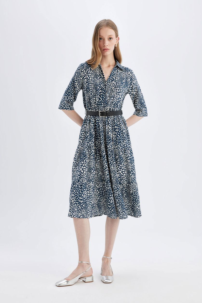 WOMAN Indigo Shirt Collar Floral Half Sleeve Midi Dress