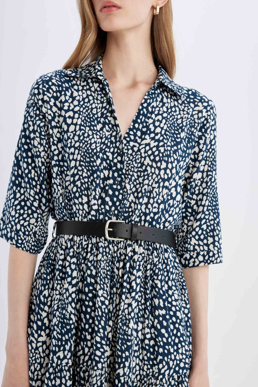 WOMAN Indigo Shirt Collar Floral Half Sleeve Midi Dress