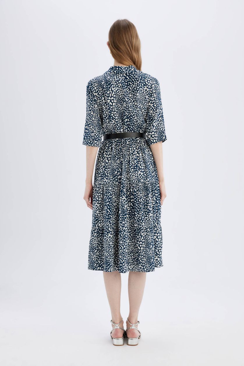 WOMAN Indigo Shirt Collar Floral Half Sleeve Midi Dress
