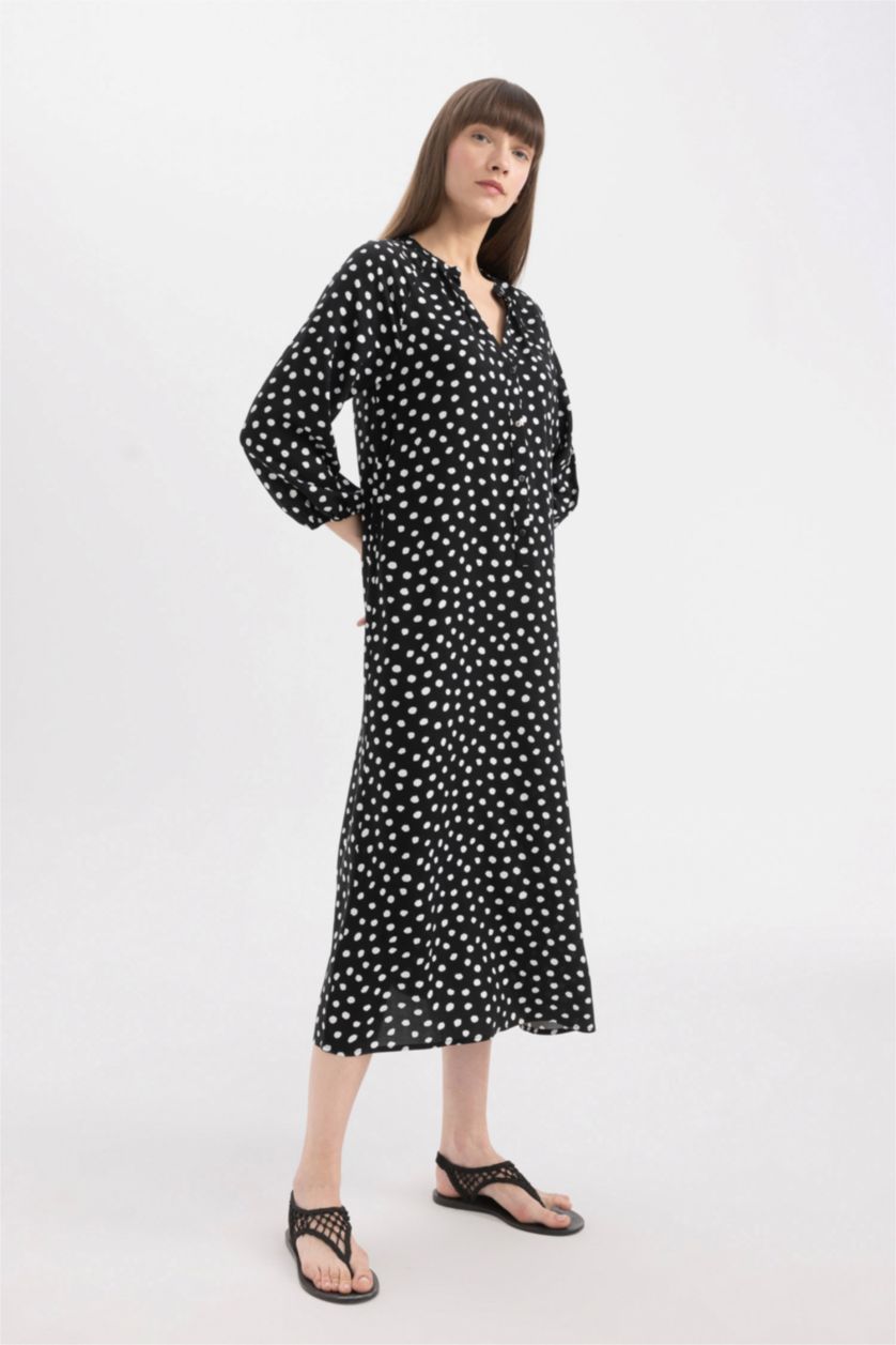 WOMAN Black Grandad Collar Printed Raglan Sleeves Midi Dress