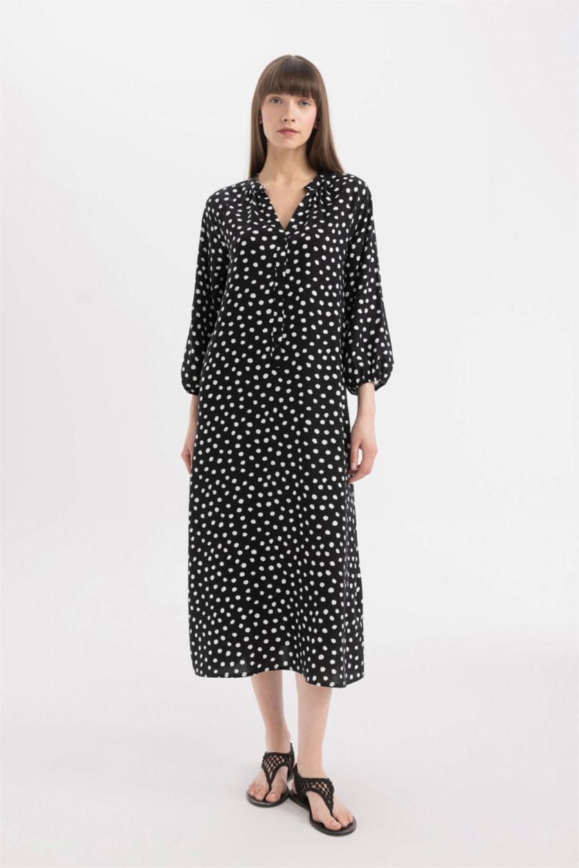 WOMAN Black Grandad Collar Printed Raglan Sleeves Midi Dress