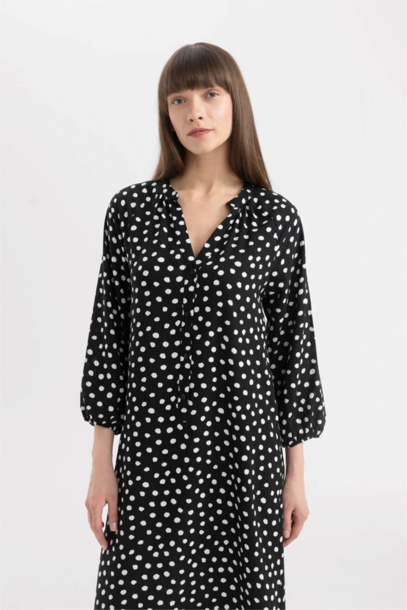 WOMAN Black Grandad Collar Printed Raglan Sleeves Midi Dress