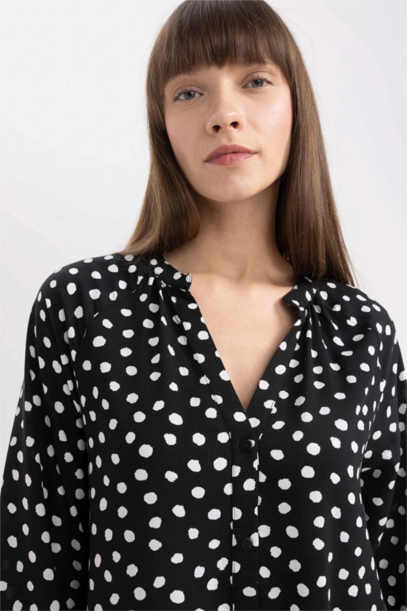 WOMAN Black Grandad Collar Printed Raglan Sleeves Midi Dress