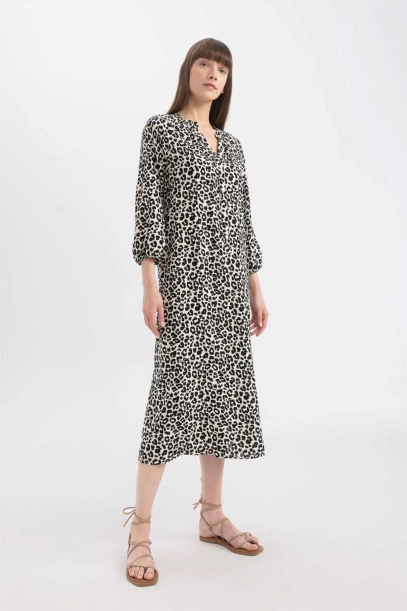 WOMAN Ecru Grandad Collar Printed Raglan Sleeves Midi Dress