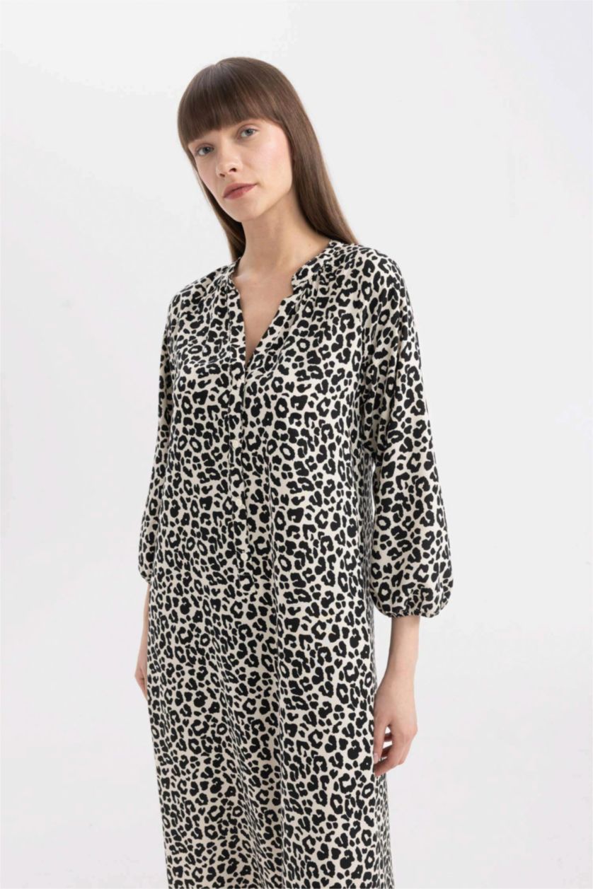 WOMAN Ecru Grandad Collar Printed Raglan Sleeves Midi Dress