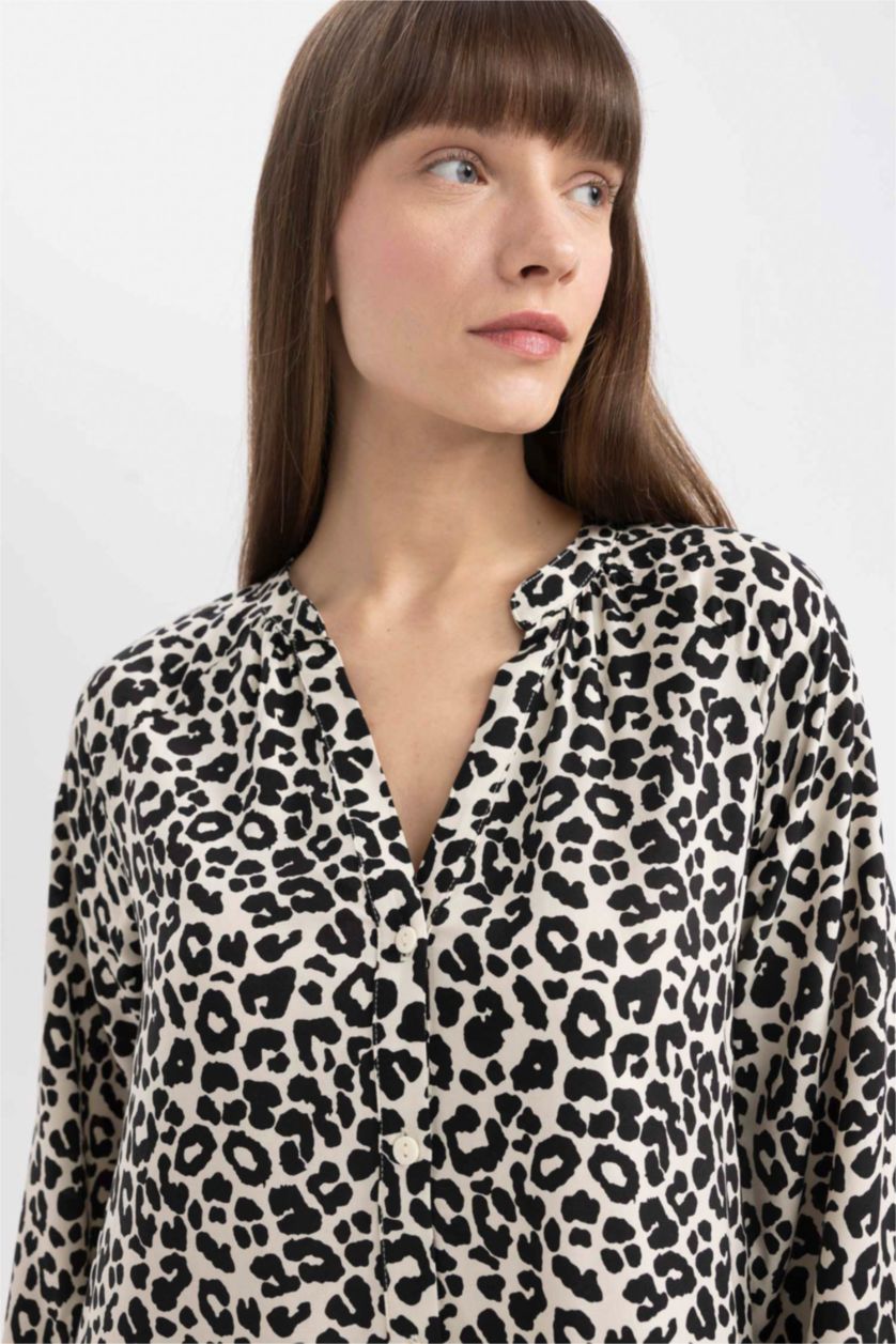 WOMAN Ecru Grandad Collar Printed Raglan Sleeves Midi Dress