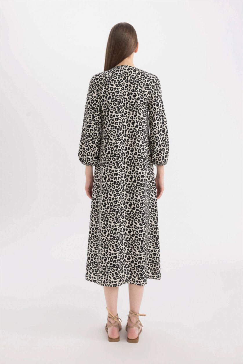WOMAN Ecru Grandad Collar Printed Raglan Sleeves Midi Dress