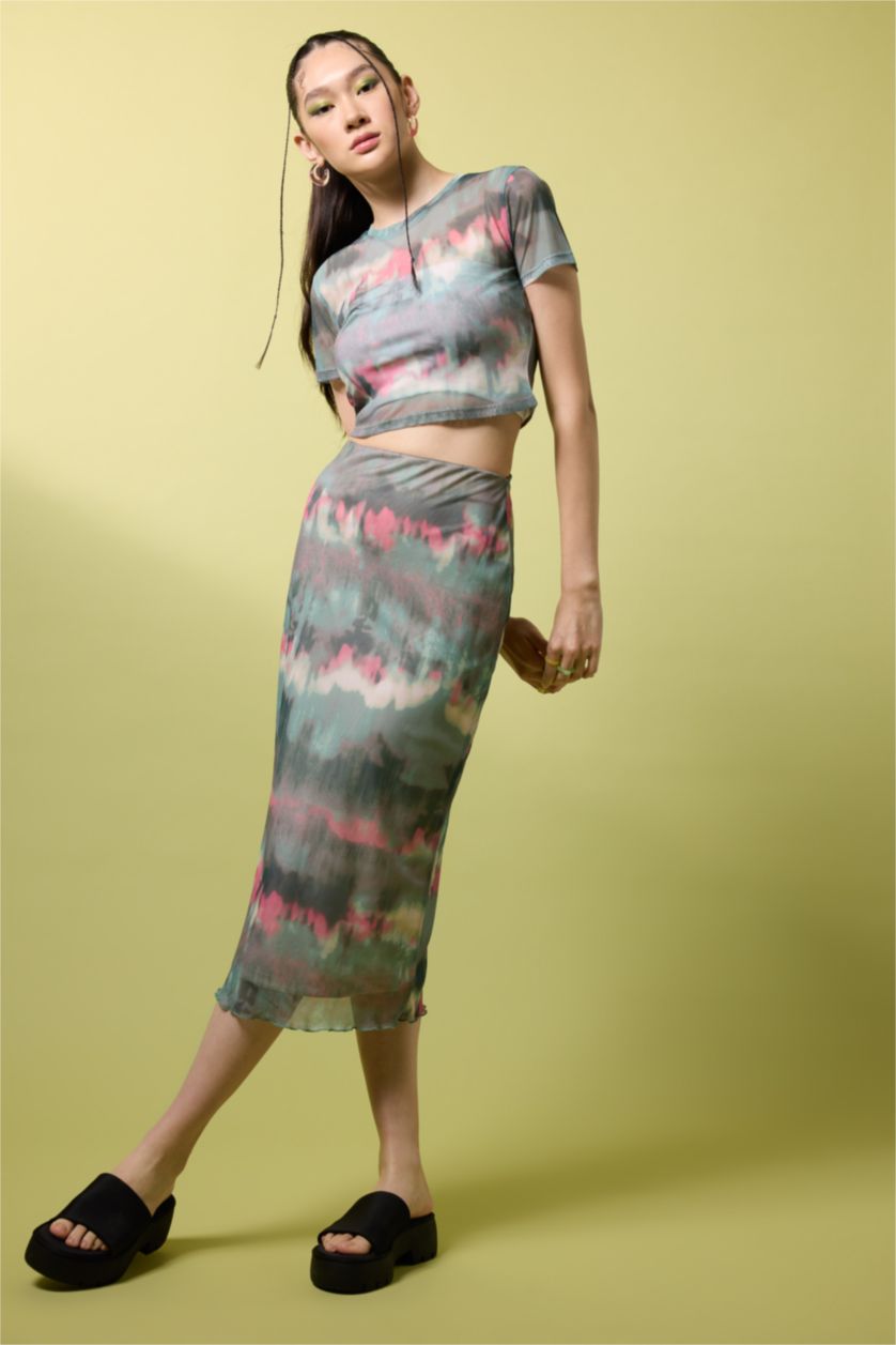 WOMAN Mint Slim Fit Tie Dye Mesh Midi Skirt