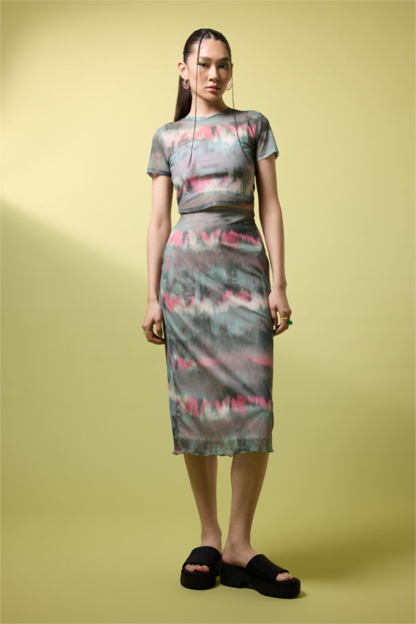 WOMAN Mint Slim Fit Tie Dye Mesh Midi Skirt