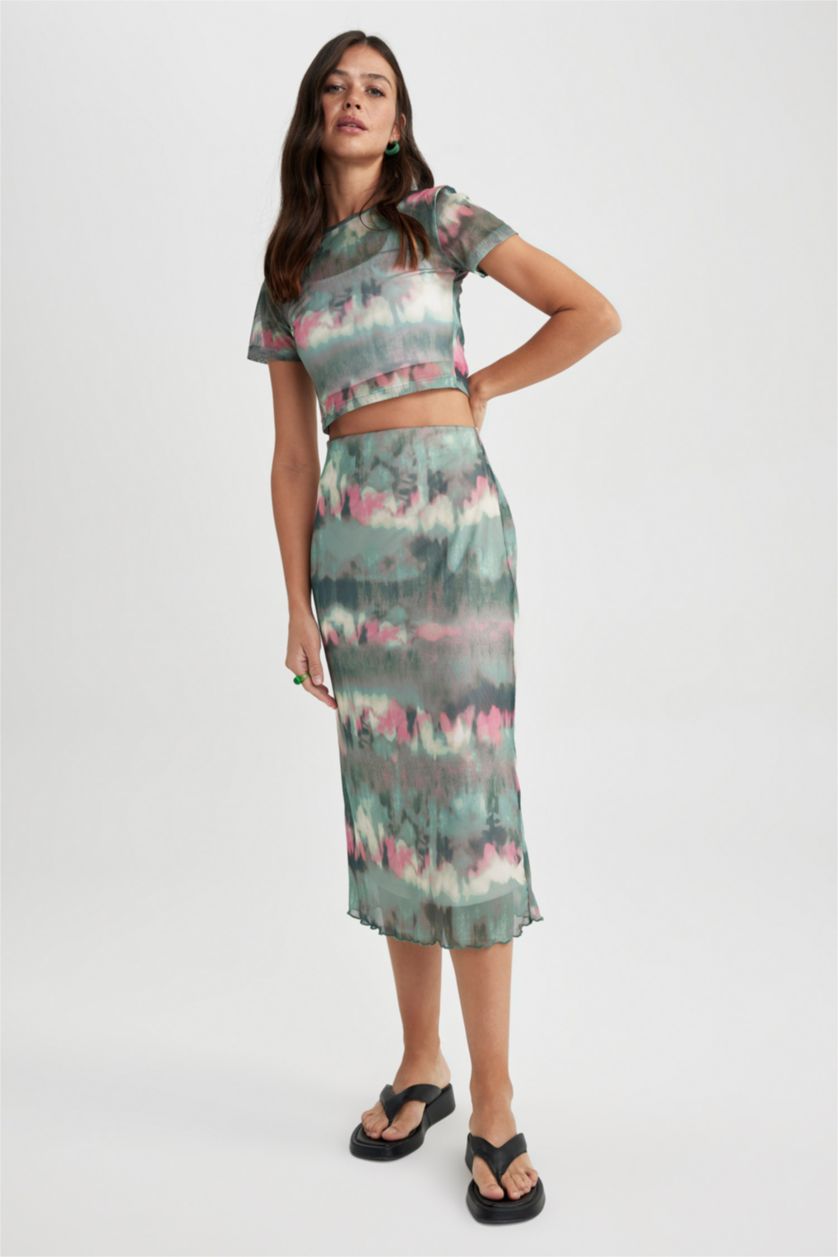 WOMAN Mint Slim Fit Tie Dye Mesh Midi Skirt