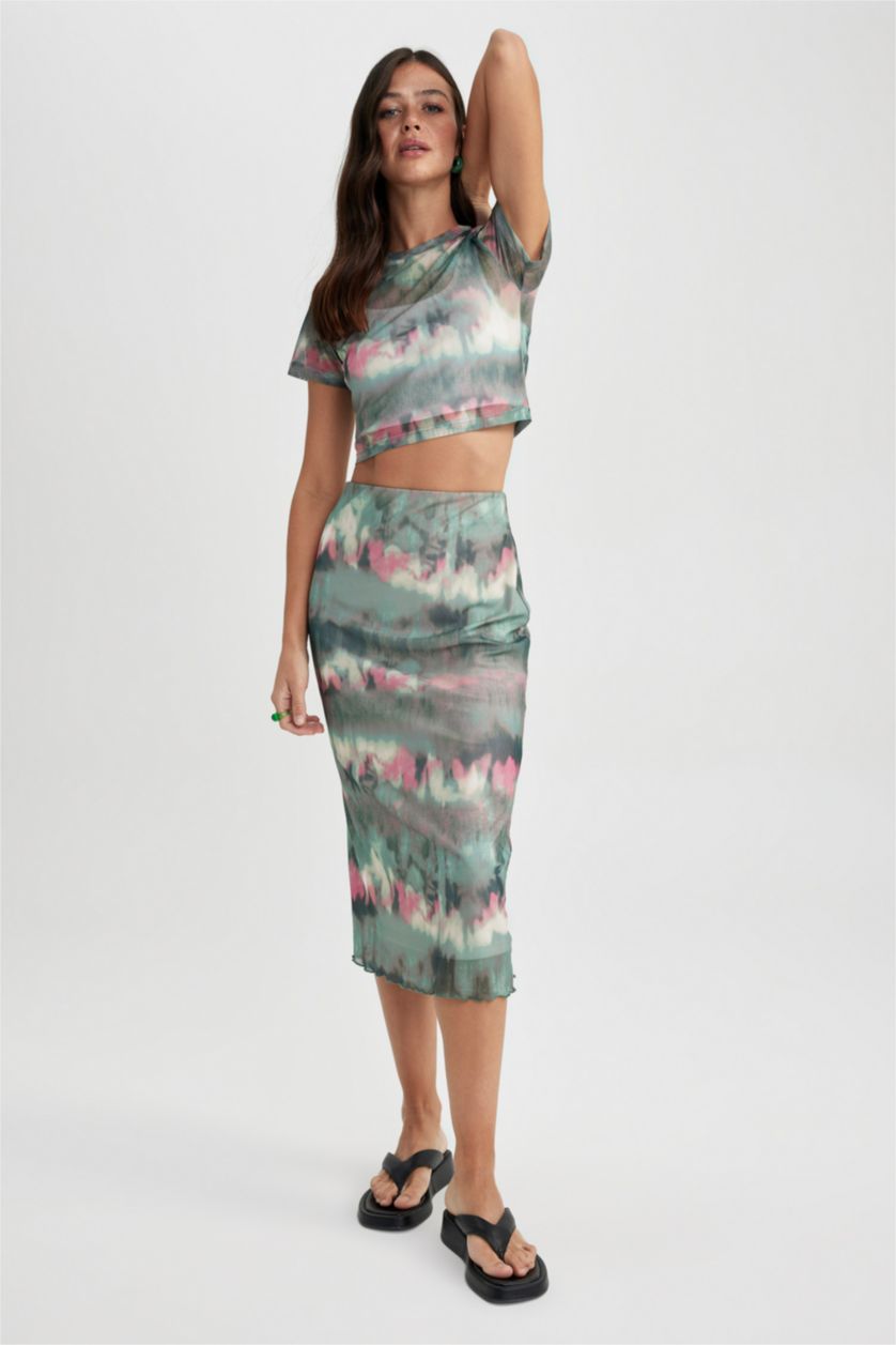 WOMAN Mint Slim Fit Tie Dye Mesh Midi Skirt
