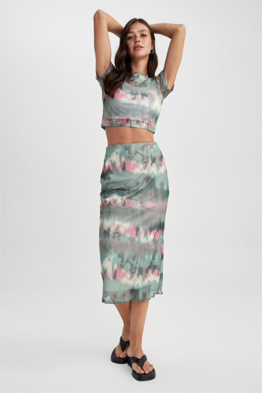 WOMAN Mint Slim Fit Tie Dye Mesh Midi Skirt