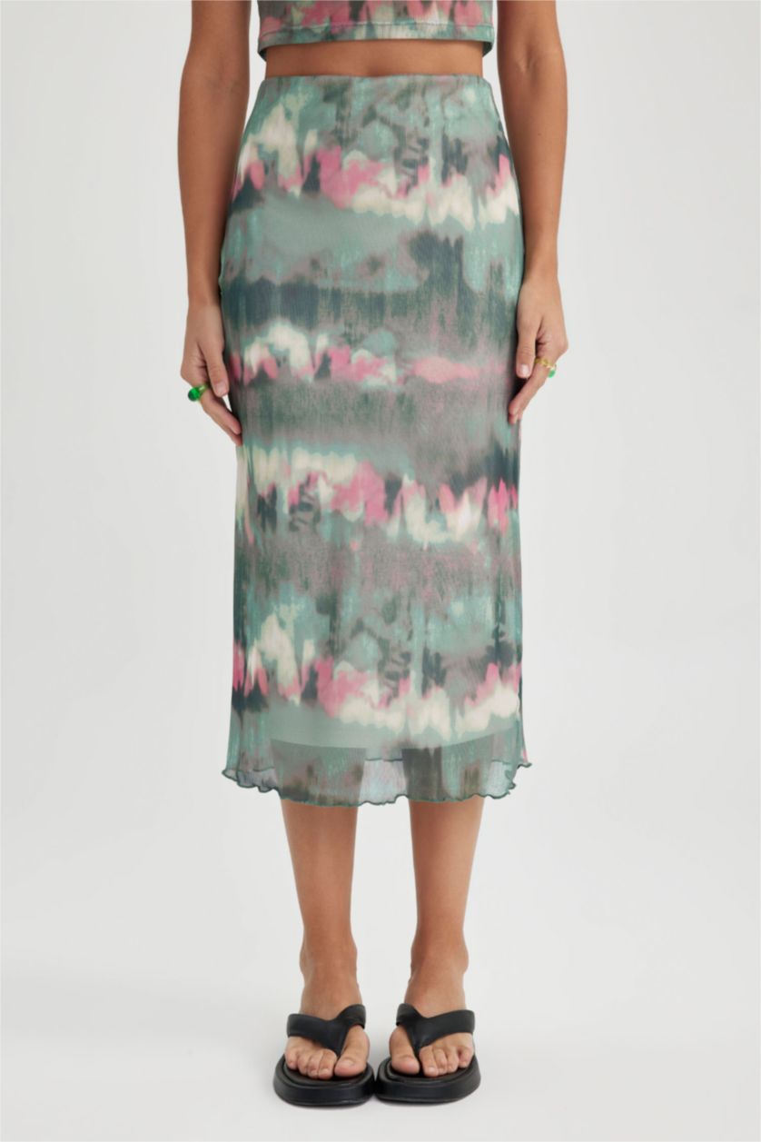 WOMAN Mint Slim Fit Tie Dye Mesh Midi Skirt