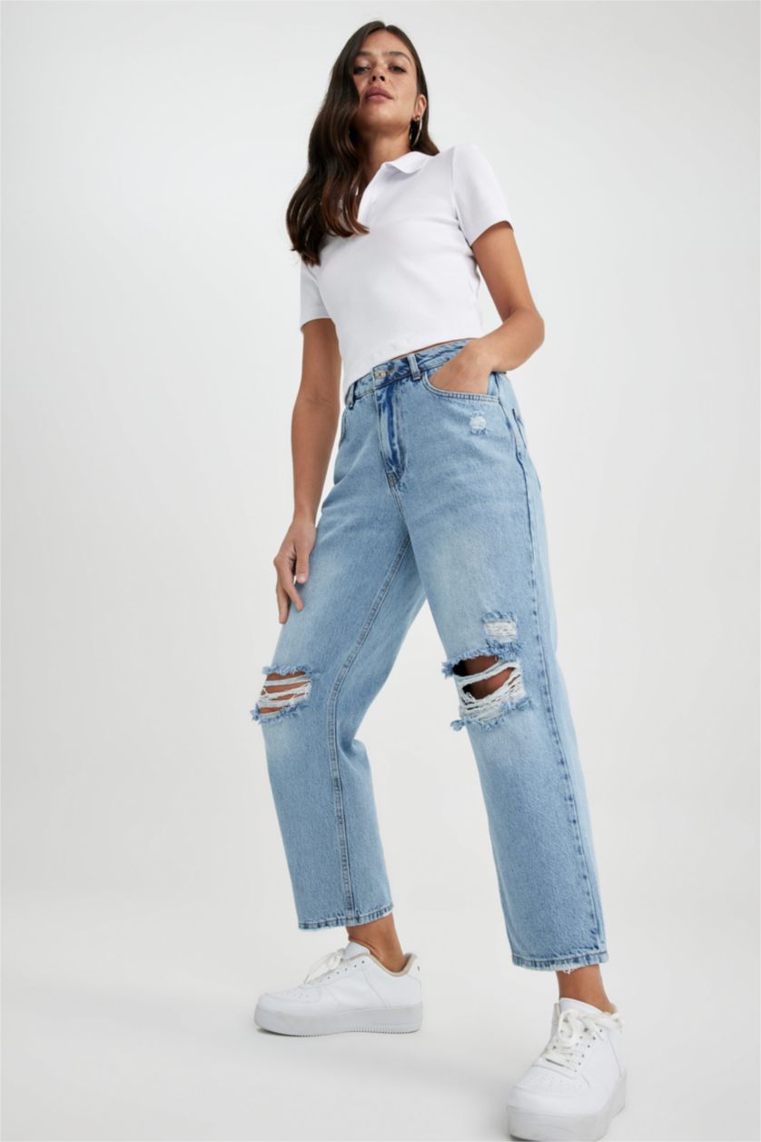 حريمي أزرق فاتح بنطلون جينز قطن بوي فريند ممزق