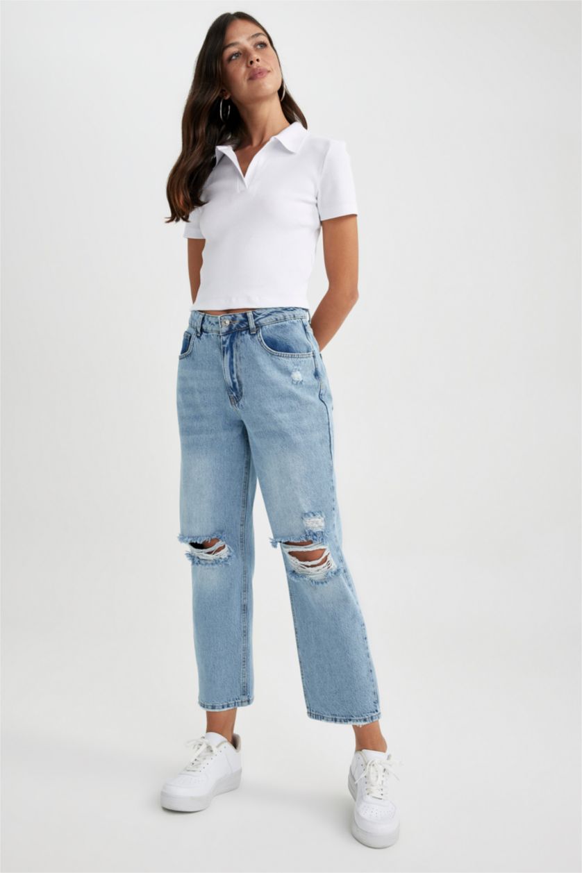 حريمي أزرق فاتح بنطلون جينز قطن بوي فريند ممزق